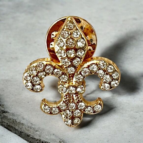 Stylish Gold Fleur de Lis Rhinestone Lapel Brooch - Versatile Pin for Any Attire - Picture 2 of 3